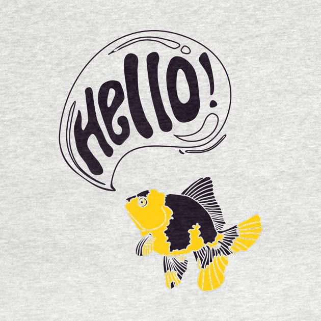 illustration of a yellow black goldfish greeting hello by bloomroge